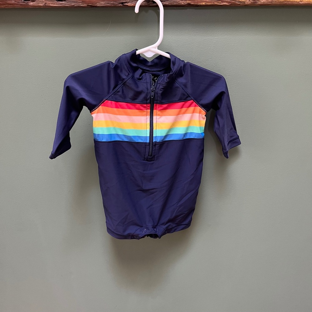 Primary Baby Rainbow Stripe Long Sleeve Rash Guard Swimsuit Navy 3-6 Months